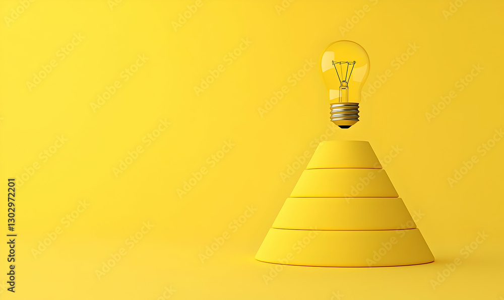 Poster light bulb illuminating a yellow pyramid shaped object on yellow background