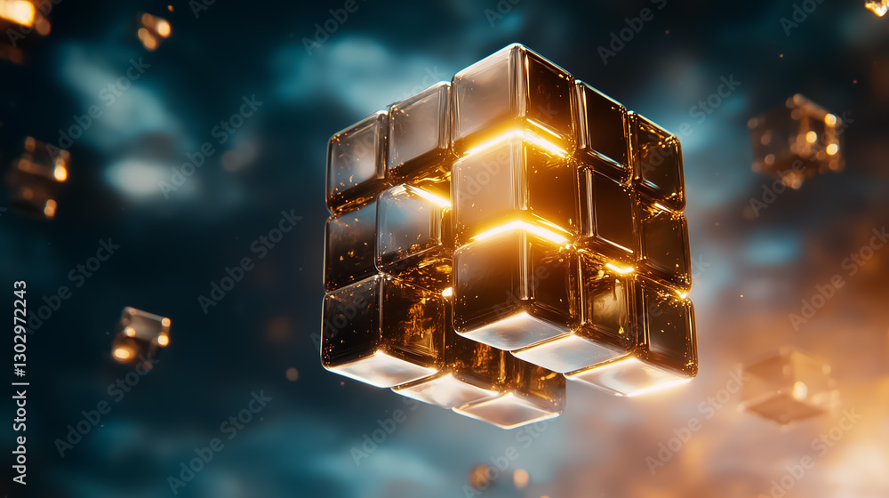 Poster in a mesmerizing void, a giant cube constructed from countless smaller cubes radiates a warm glow. t