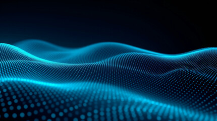 Abstract background with glowing blue dots forming smooth, flowing digital waves. The dynamic, futuristic design is set against a dark environment, creating a sense of depth