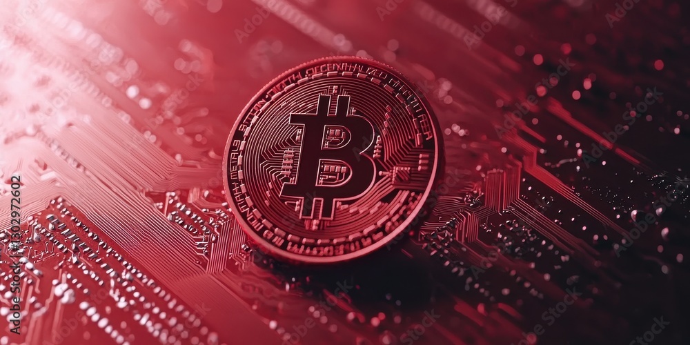Poster A close-up of a Bitcoin coin resting on a red circuit board, symbolizing digital currency and technology.