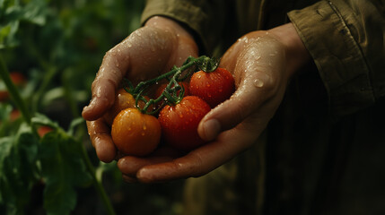 Fresh organic tomatoes harvested by hand in a garden with vibrant greenery