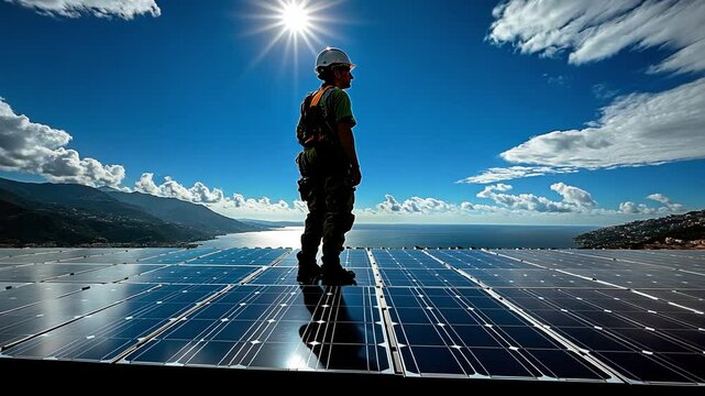 Solar Pioneer's Vision: A silhouette of an engineer stands confidently on a photovoltaic solar panel array under a bright sunny sky overlooking an impressive coastal landscape.