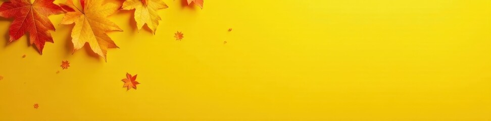 Fototapeta premium Scattered yellow & orange leaves against yellow, creating a vibrant autumn scene, leaves, design