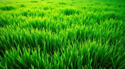 Obraz premium Vibrant Green Blades of Grass in a Lush Meadow, a Close-Up View of Nature's Abundance, Showing the Delicate Texture and Vivid Color of Young Plants Thriving in Sunlight