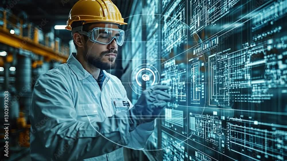 Poster tech-savvy engineer: a focused engineer in a protective helmet and glasses examines an interactive d