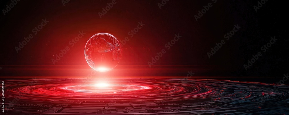 Poster A glowing red orb hovers above swirling patterns in a dark, ambient space, creating a mysterious and futuristic atmosphere.
