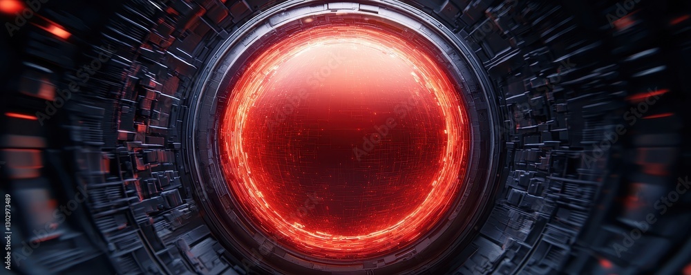 Poster a glowing red circular core surrounded by dark, intricate machinery, evoking a sci-fi atmosphere wit
