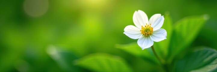 Obraz premium Single white strawberry flower in lush green foliage, soft morning light, details, foliage, outdoor