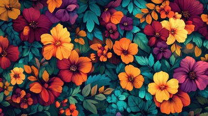 Fototapeta premium Vibrant Floral Abundance: A Colorful Array of Blooms Surrounded by Lush Greenery and Nature's Beauty