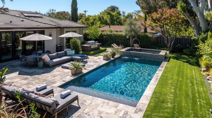 Fototapeta premium Luxurious Backyard Oasis Featuring a Modern Pool and Relaxation Area
