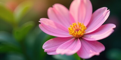 Obraz premium Soft pink flower, vibrant yellow stamen, close-up view , floral, garden, color