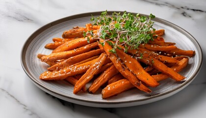A plate of caramelized sweet potato fries with microgreens on the side, placed against a whi