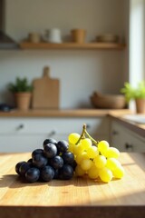 Sunlit Kitchen Countertop Featuring Clusters of Dark and Light Grapes