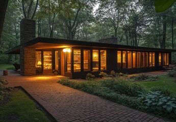 Modern home at twilight, illuminated, wooded background, architectural design, potential stock photo