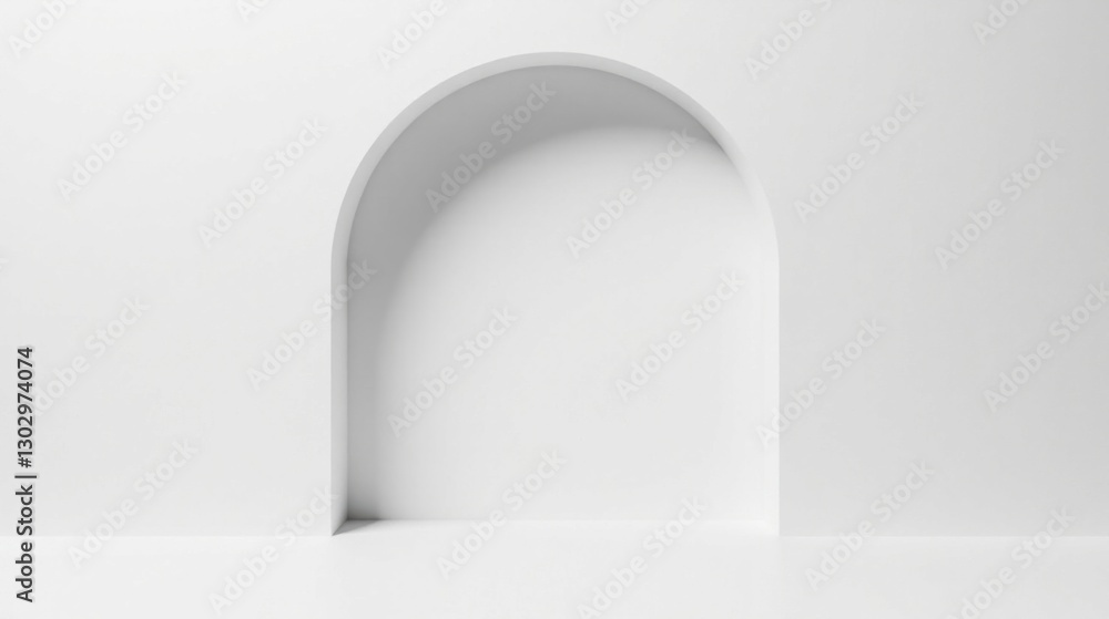 Poster a minimalist arched recess in a pristine white wall, offering a simple yet elegant backdrop for prod