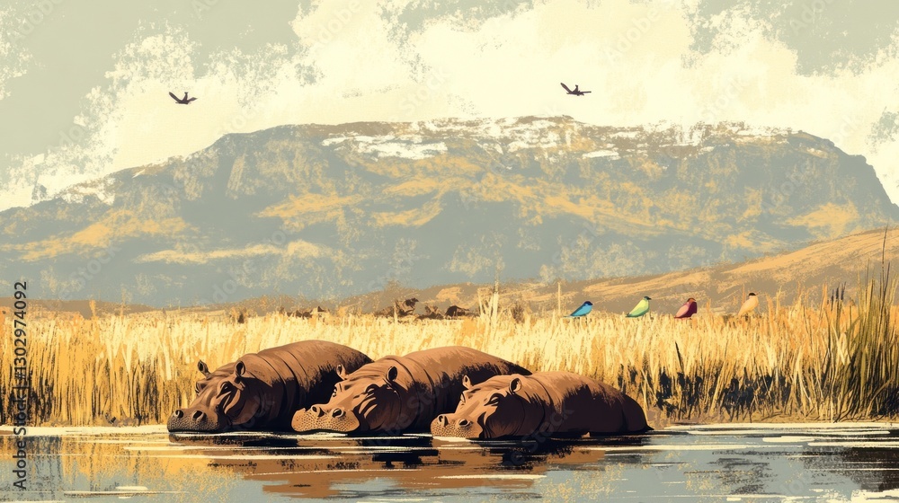 Poster three hippos resting in a serene water setting with mountains in the background.