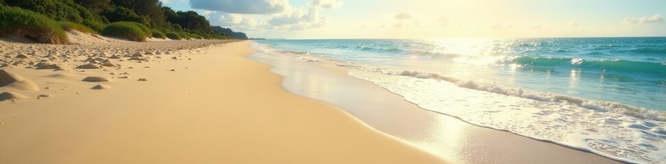 Obraz premium Sun-drenched beach, fine golden sand, gentle waves, soft, ocean