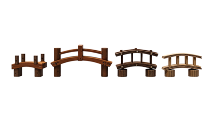 Decorative wooden footbridges with natural wood textures, arched and minimalist bridge designs for traditional Japanese and Asian landscaping