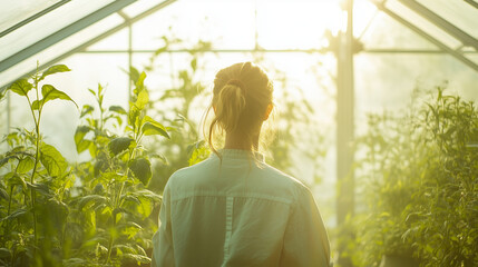 Woman gardening outdoors with plants and sunlight in a lush green environment