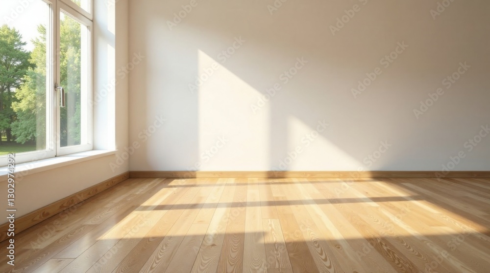 Poster Bright Sunlight Illuminates an Empty Room with Hardwood Floor and a Window Showing Lush Greenery