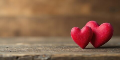Two crimson hearts rest gently on rustic wood, a symbol of affection and connection.