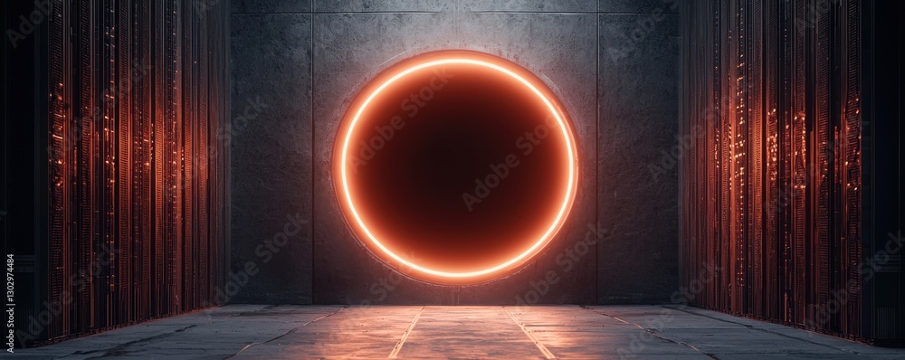 Poster a glowing circular portal is set against a dark, industrial backdrop, creating a mysterious and futu