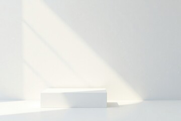 Minimalist White Platform with Sunlight and Shadow Effects in a Simple Room Setting