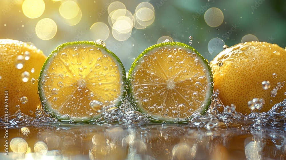 Poster fresh lemon slices splashing in water with bokeh background detail