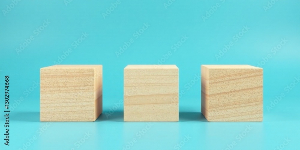 Poster Three Light Wooden Cubes Arranged in a Row on a Blue Background