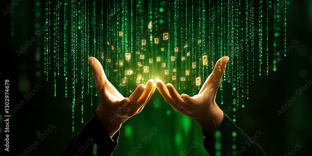 Poster a cascade of glowing symbols descends from a digital matrix, while hands reach out to capture the et