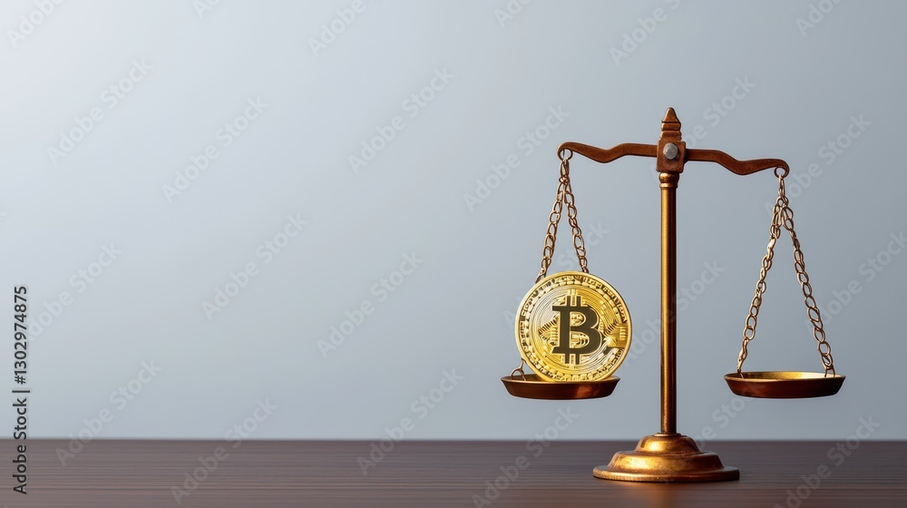 Poster a golden bitcoin symbol balances on a scale, representing the intersection of cryptocurrency and jus