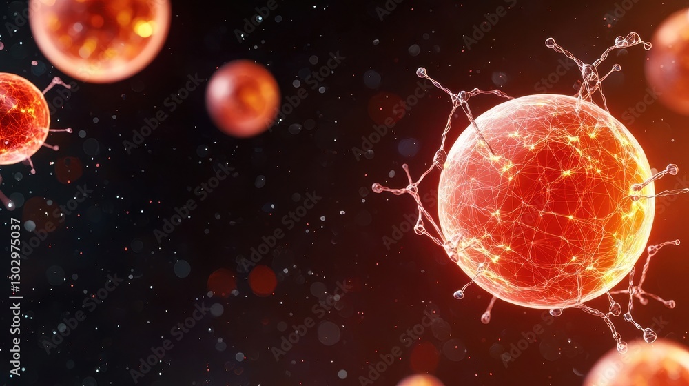 Aufkleber A vibrant depiction of red cells with intricate structures, floating in a dark background, symbolizing biological processes or molecular science.