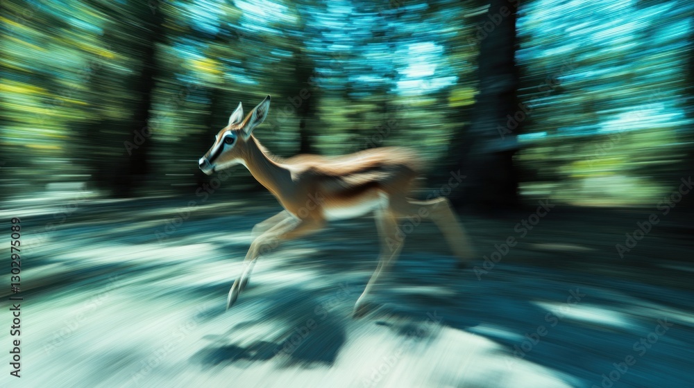 Poster a blurred image of a deer running swiftly through a forested area.