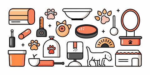 Set of different pet accessories icons. Linear images isolated on white background. Vector illustration.