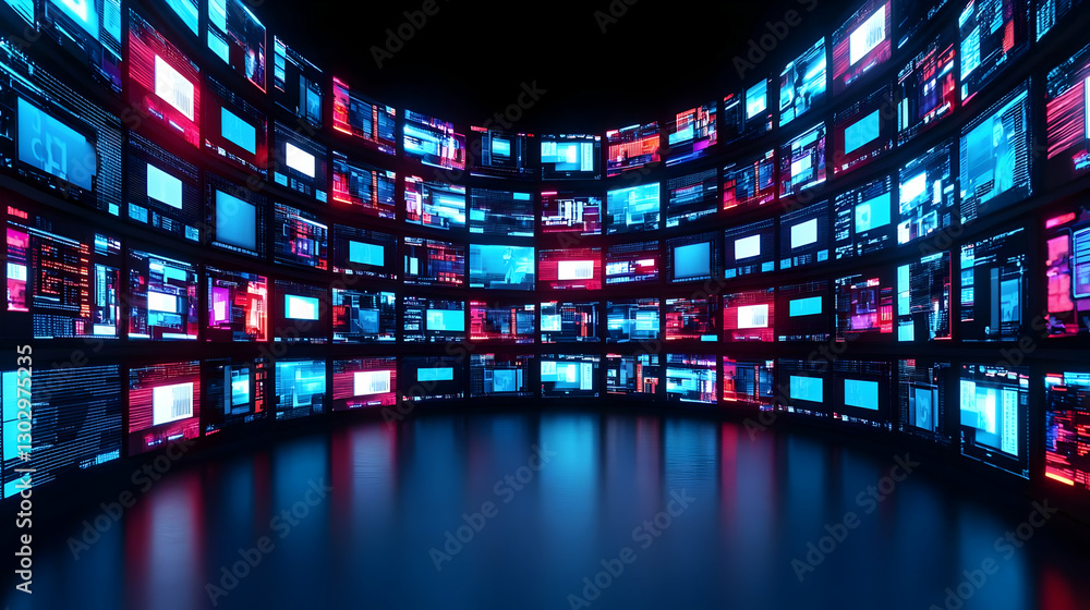 Poster futuristic data visualization room with digital screens displaying info