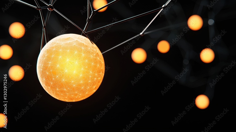 Poster a glowing orange sphere hangs against a dark background, surrounded by soft, illuminated orbs, creat