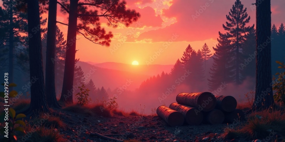 Poster serene sunset landscape featuring a stack of logs in a misty forest