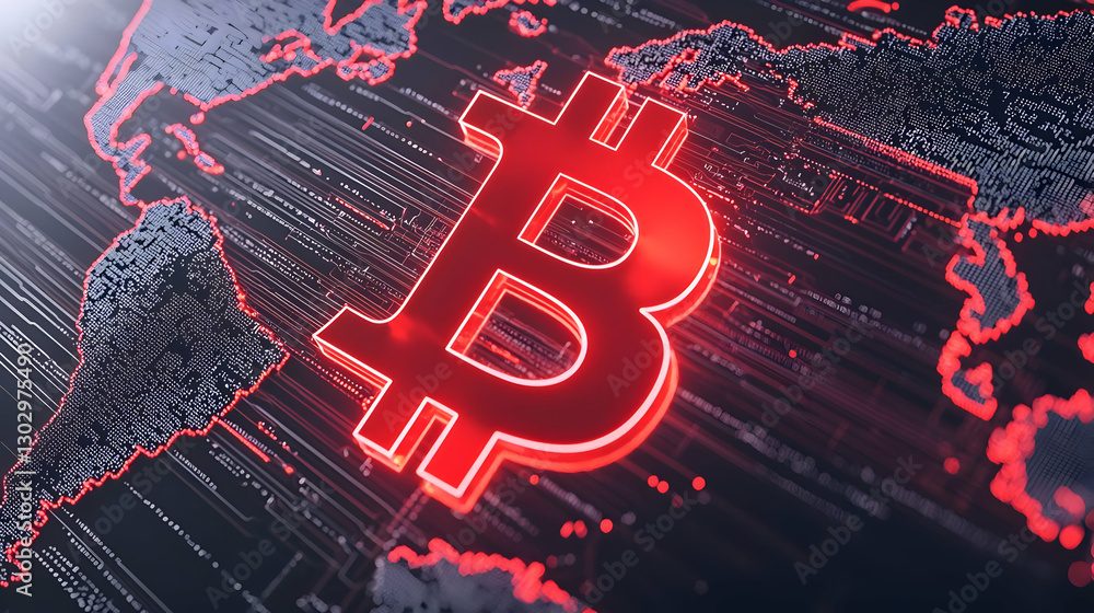 Poster red bitcoin symbol on digital world map background in blockchain concept