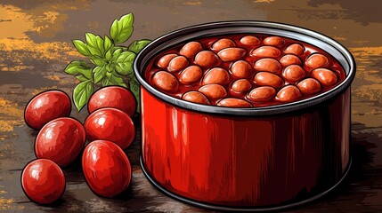 opened can of baked beans in tomato sauce isolated,cartoon illustration