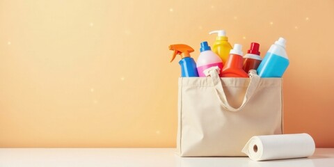 A Reusable Tote Bag Filled with Colorful Cleaning Supplies and Paper Towels on a Tabletop Against a Warm-Colored Background