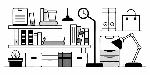 Set of different home offices icons. Linear images isolated on white background. Vector illustration.