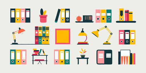 Set of different home office colorful icons. Flat images isolated on white background. Vector illustration.