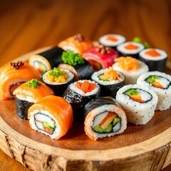 High-resolution stock photo of a colorful assortment of maki and uramaki sushi rolls on a rustic wooden plate, commercial quality photography, warm lighting accentuating the food's textures 