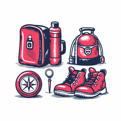 Hand drawn hiking gear collage. Vintage style image on white background. Vector illustration.