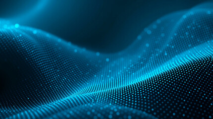 Abstract background featuring glowing blue dots forming smooth digital waves. The pattern creates a dynamic, futuristic look in a dark environment