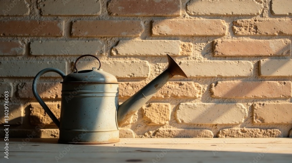 Poster rustic watering can against a warm brick wall in soft sunlight, evoking a sense of tranquility and r