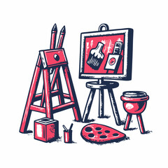 Hand drawn painting tools collage. Vintage style image on white background. Vector illustration.