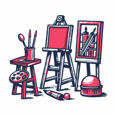 Hand drawn painting tools collage. Vintage style image on white background. Vector illustration.