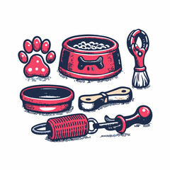 Hand drawn pet accessories collage. Vintage style image on white background. Vector illustration.