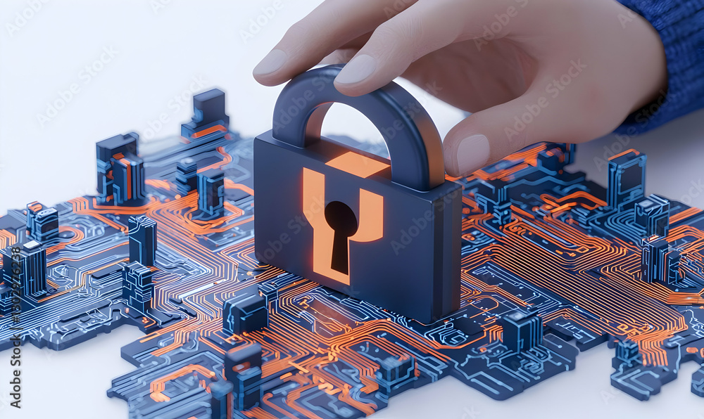 Poster digital security concept with lock on circuit board background